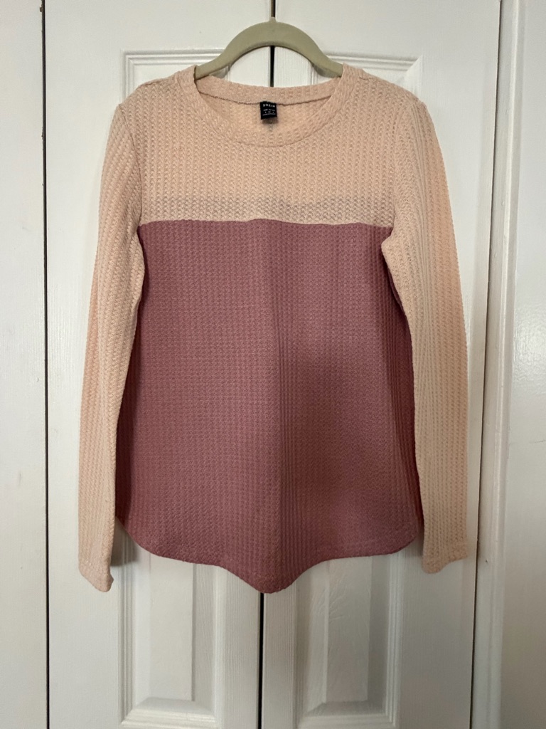 Shein Two-Tone Blush And Dusty Rose Waffle Knit Long Sleeve Top